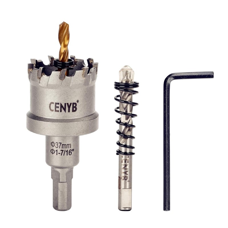 cenyb 1-7/16" (37mm) Tungsten Carbide Tipped Hole Saw with 2Pcs Titanium-Plated Pilot Drill Bits for Hard Metal,Stainless Steel,Iron,Aluminum Alloy,Wood and Plastic - Image 1